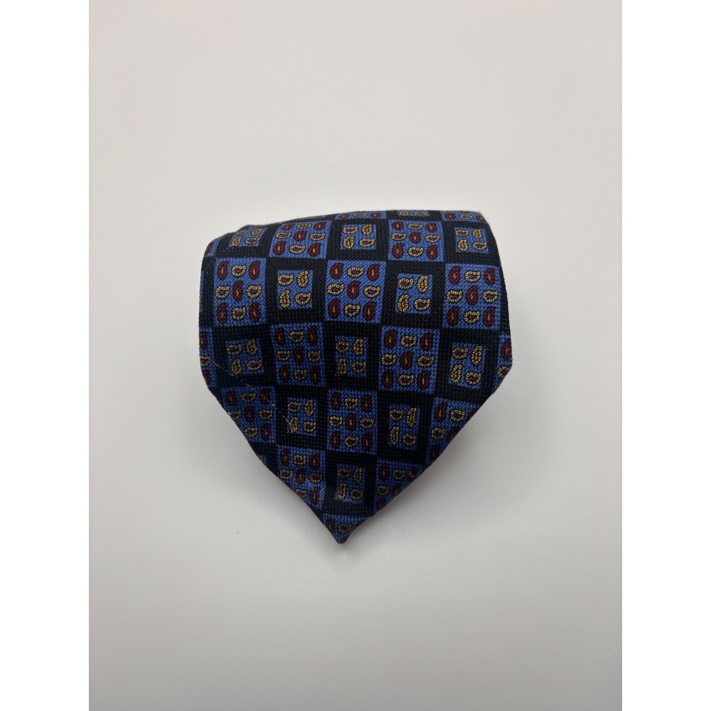 Tommy Hilfiger Mens Silk Necktie Navy Blue Geometric Paisley Grid Pattern